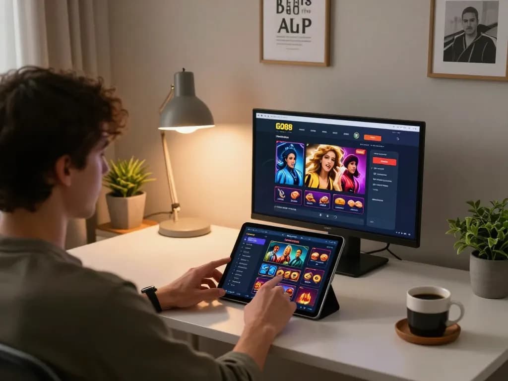 Engaged player exploring the GO88 casino app on a tablet, demonstrating modern online gambling.