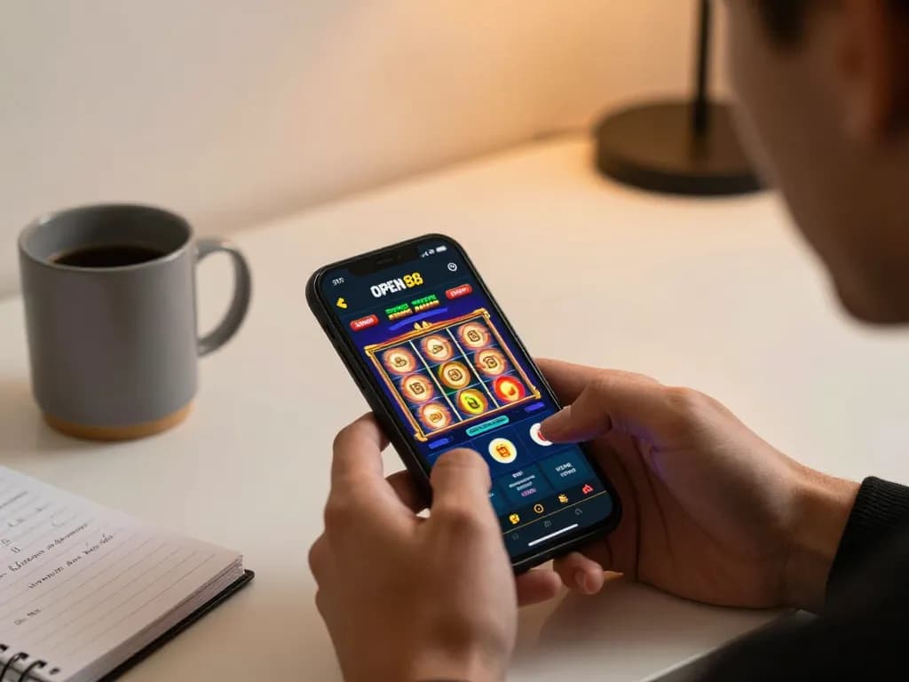 Player enjoying mobile casino games on OPEN 88 app with vibrant slot reels