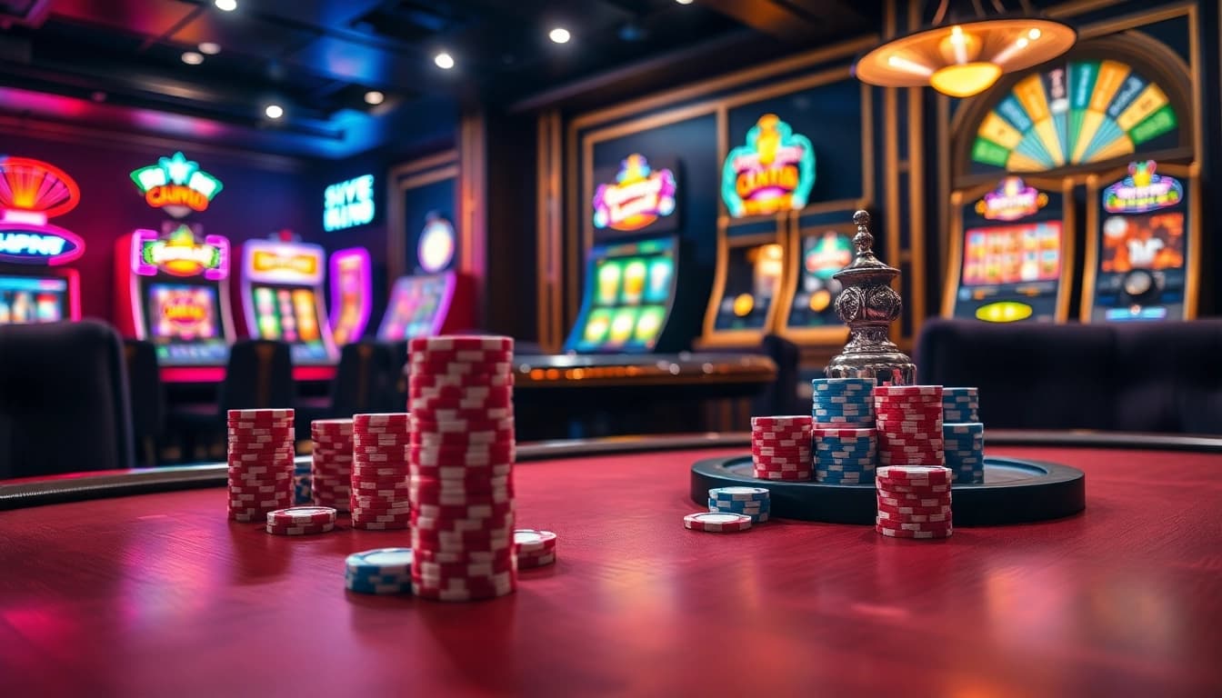 Experience thrilling poker action at five88's luxurious casino with vibrant tables and striking slot machines.