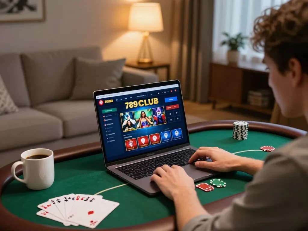Person playing poker on laptop showcasing 789CLUB gaming platform in a cozy living room setting.