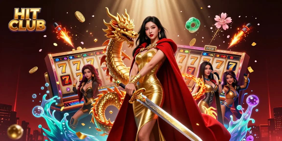 Experience the thrill at HIT CLUB with vibrant slot reels and dragon elements in a cinematic setting.