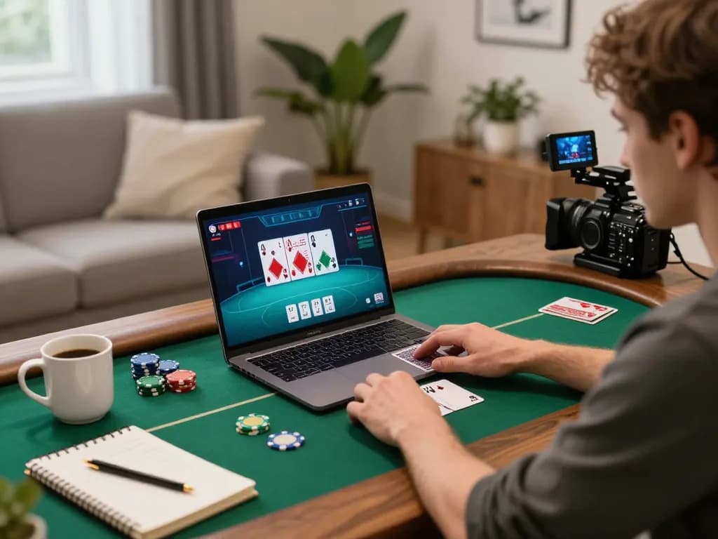 Người chơi LUCK8 tham gia poker trực tuyến, thể hiện chiến lược và sự thoải mái trong không gian chơi game ấm cúng.