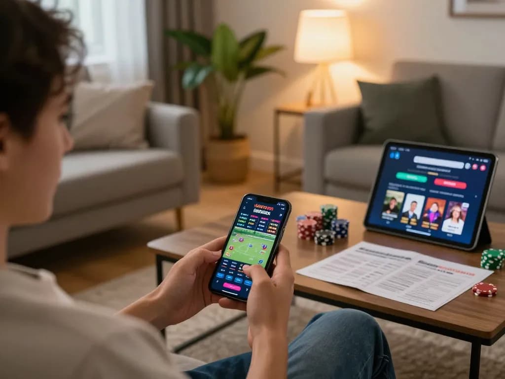 Engaging in mobile sports betting with fabet on a smartphone, showcasing a cozy home gaming atmosphere.