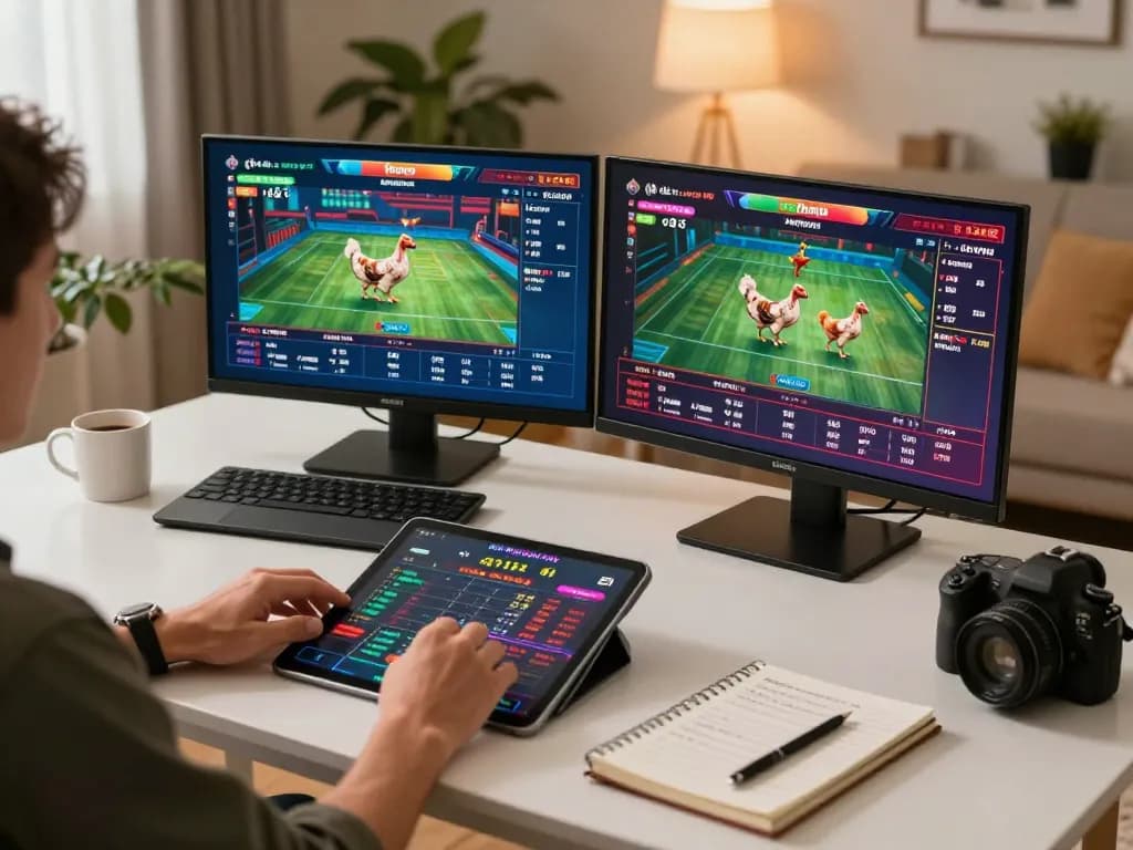 Engaged player monitoring đá gà thomo live stream on multiple screens in a cozy home gaming setup.