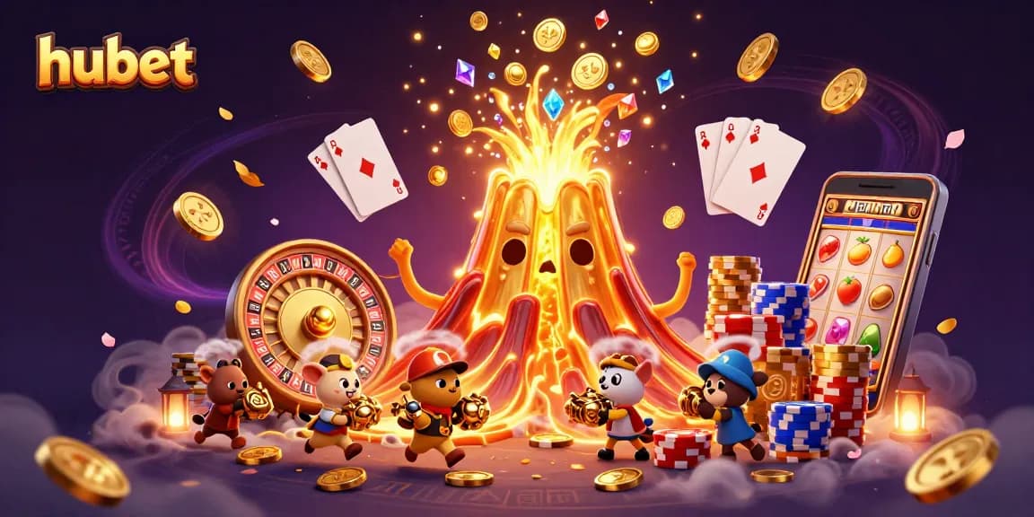 Engage in thrilling slots gameplay at hubet, with a golden volcano erupting treasures and excitement.
