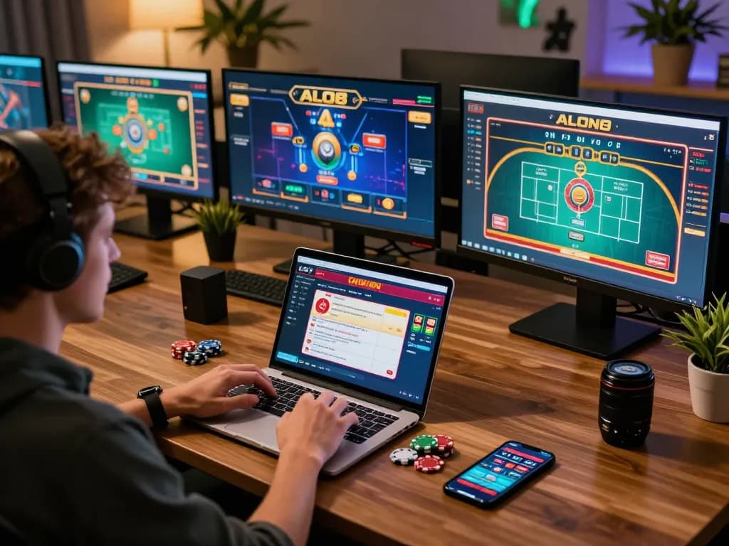 Player engaging with ALO8 casino app on laptop, surrounded by gaming tools and warm lighting.