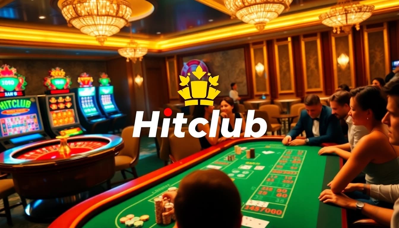Hitclub casino scene showcasing thrilling poker game with vibrant chips and roulette wheel.