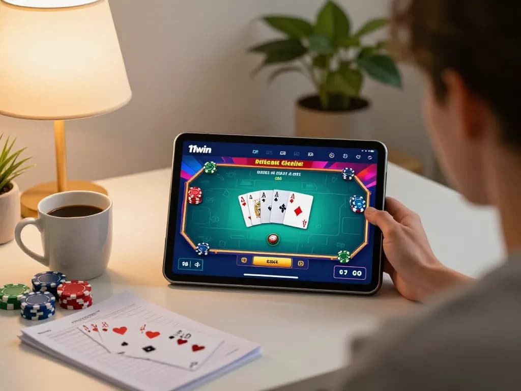 Player enjoying 11win poker on tablet in cozy home setting, showing game interface and strategy notes.