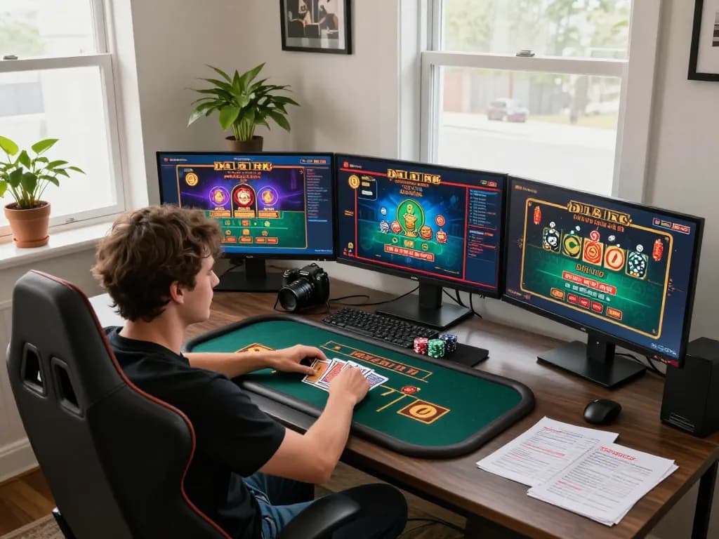 Engaging moment of online gaming at home, showcasing LINK FABET on multiple screens with gaming strategies visible.