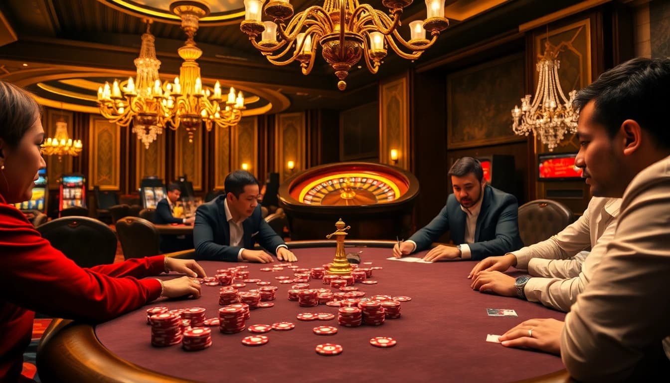 Excited gamblers at a luxurious poker table, showcasing the thrill of betting at https://789winlem.com/.