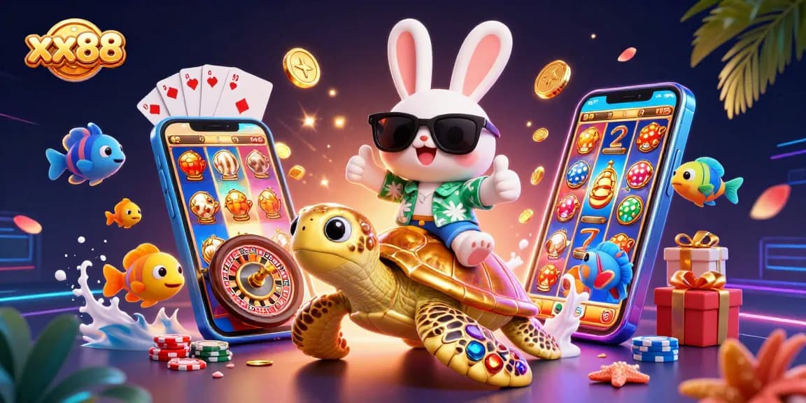xx88 players enjoying a vibrant 3D casino scene filled with slot games and tropical elements.
