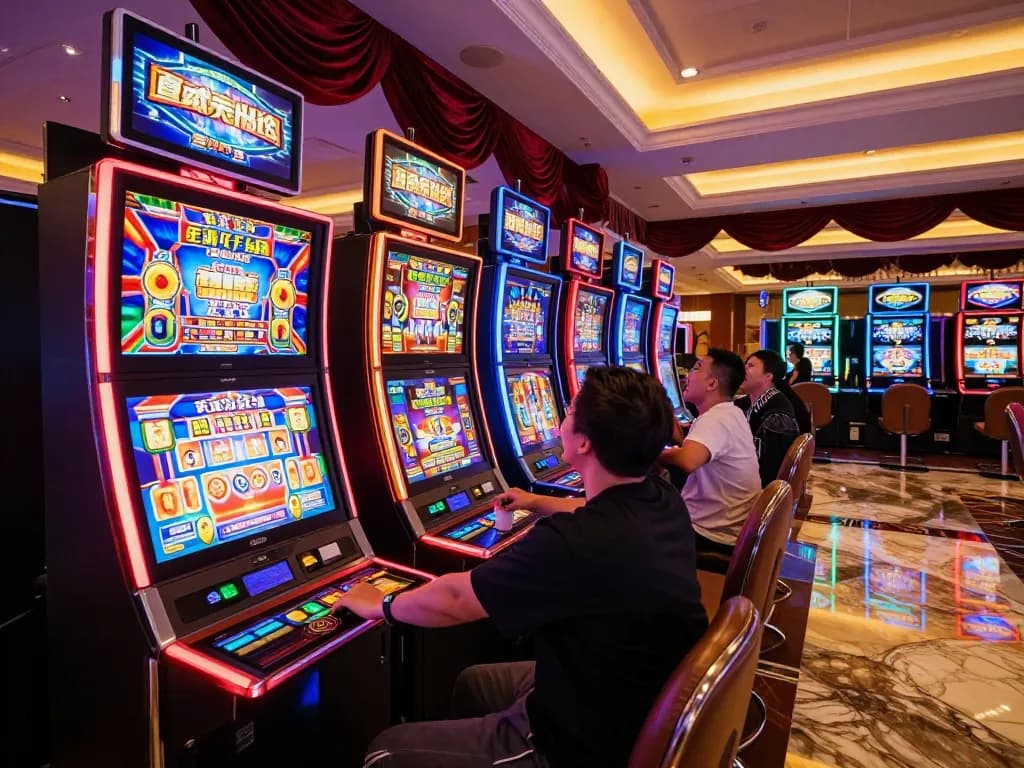 Excited players engaging with vibrant slot machines at RED88 casino, creating a lively gaming atmosphere.