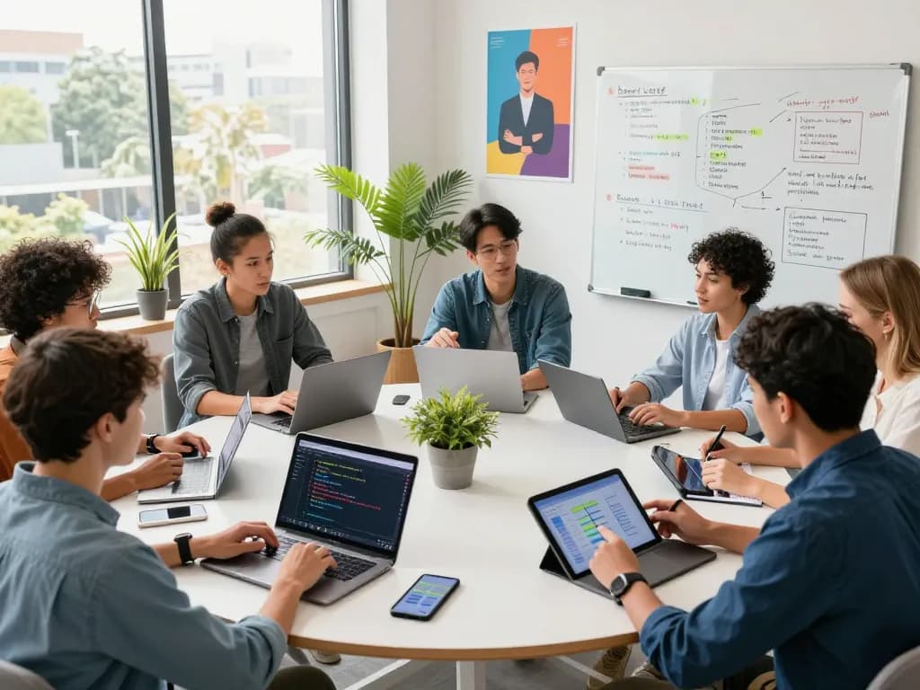 Collaboration in tech development at Techsslaash com's vibrant workspace, showcasing diverse team and innovative app designs.