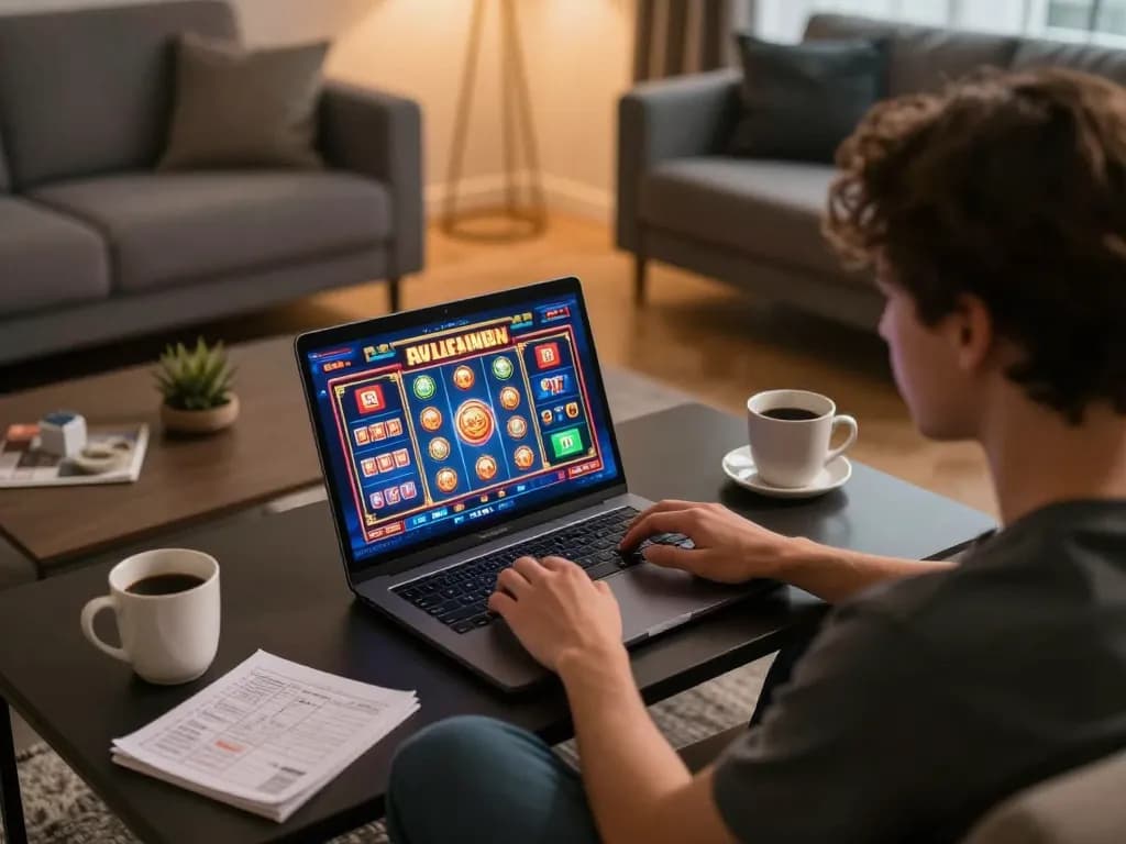 Engaging gaming session at xx88 with player enjoying slots on laptop in cozy home