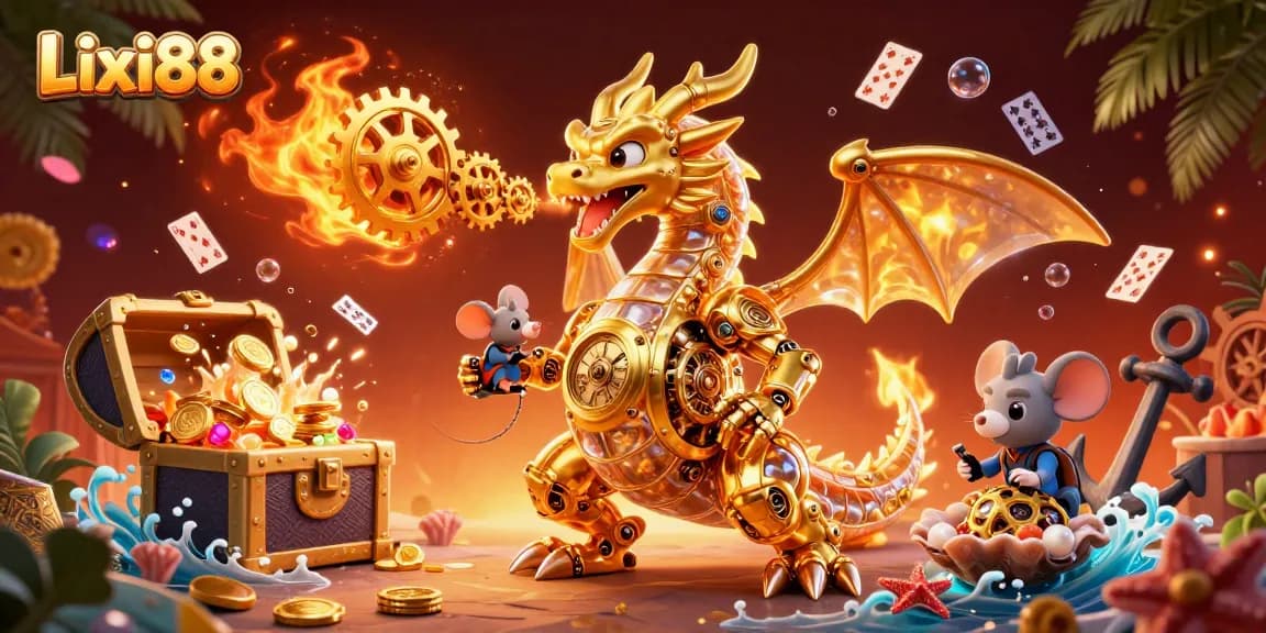 Lixi88 spins golden gears in a vibrant 3D casino scene with underwater treasures and dynamic gaming elements.