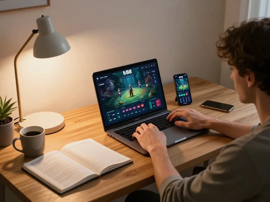Engaging in online betting on sky88 with a laptop and smartphone in a cozy home setup