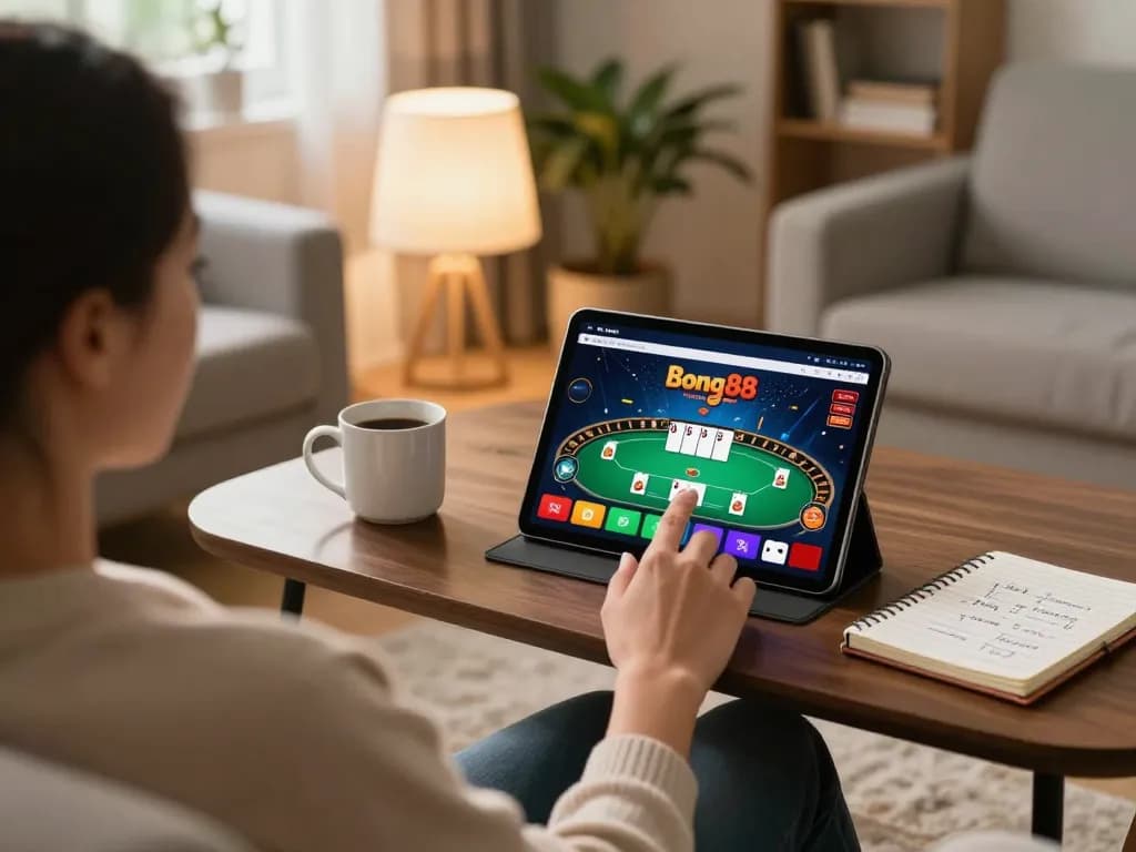 Bong88 online gaming setup with a person using a tablet for poker, showcasing a cozy home environment.