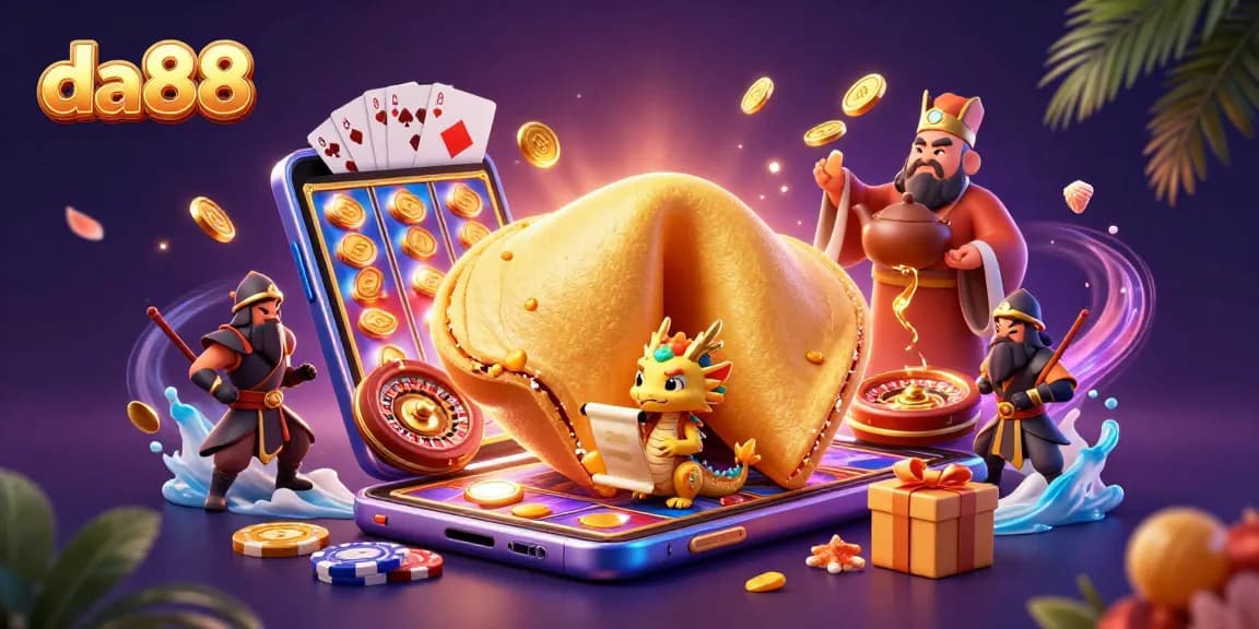 da88 offers thrilling slots action with a wise dragon over a dynamic casino scene.