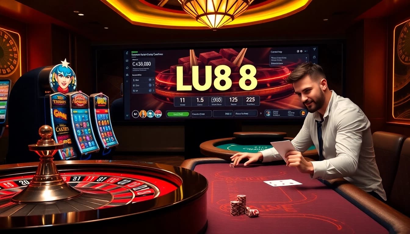 Experience thrilling gaming at LU88.de.com with vibrant slot machines and an exciting roulette wheel.