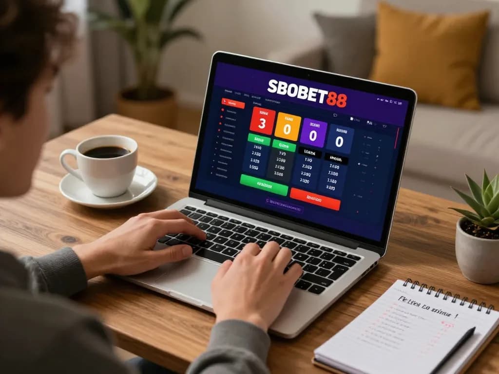 Antarmuka taruhan olahraga daring SBOBET88 yang ditampilkan di laptop di ruang kerja rumah yang nyaman, menampilkan permainan strategis.