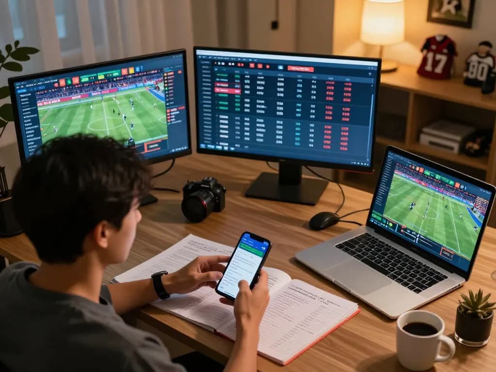 Engaging with Link Resmi Parlay Golbos for online sports betting in a modern home office.