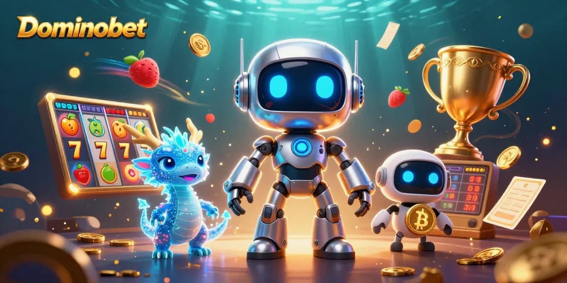 Experience thrilling gameplay with Dominobet, showcasing a cyberpunk robot and a holographic AI dragon in an exciting casino scene.
