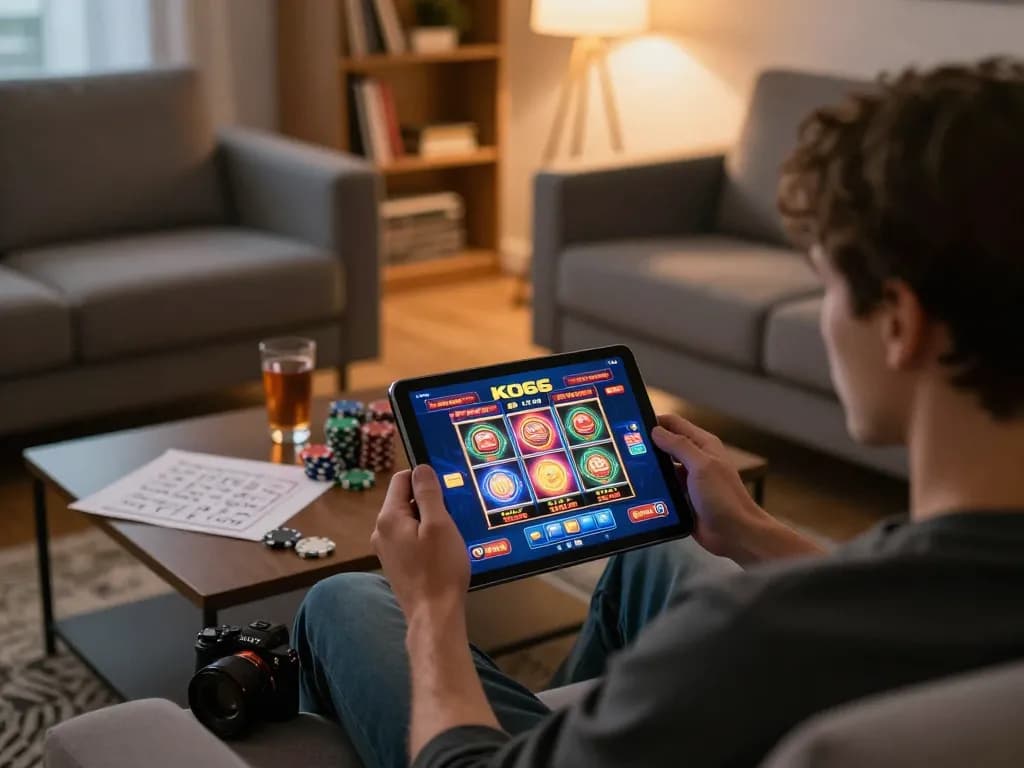 Người chơi sử dụng ứng dụng casino KO66 trên máy tính bảng trong một không gian thoải mái tại nhà, với chip và ghi chú chiến lược hiển thị.