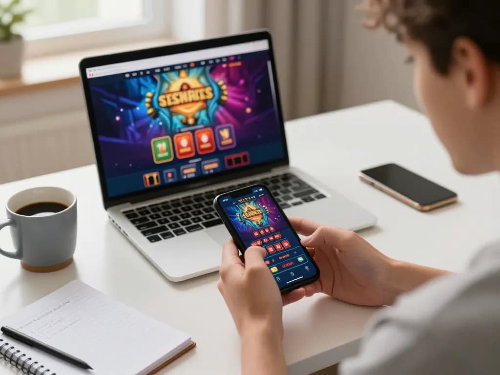 Player enjoying mobile gambling on a smartphone while using 789bet, with gaming strategy notes visible.