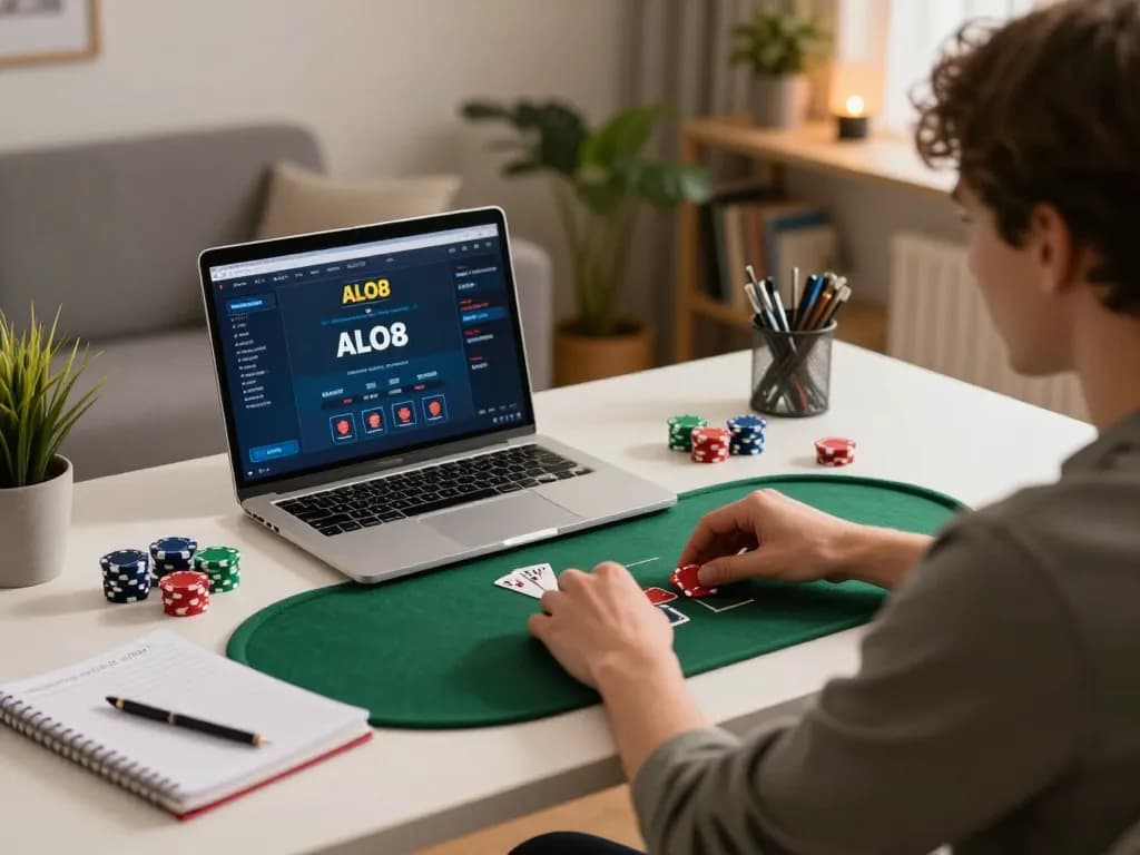 Engaged player placing a bet on the ALO8 poker game in a cozy home setup