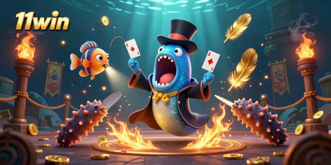 Experience thrilling card tricks with 11win's vibrant underwater casino scene featuring magical sea creatures.