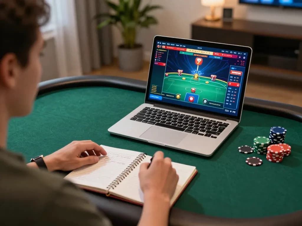 Player engaging in poker on vipwin while surrounded by strategy notes and a cozy atmosphere.