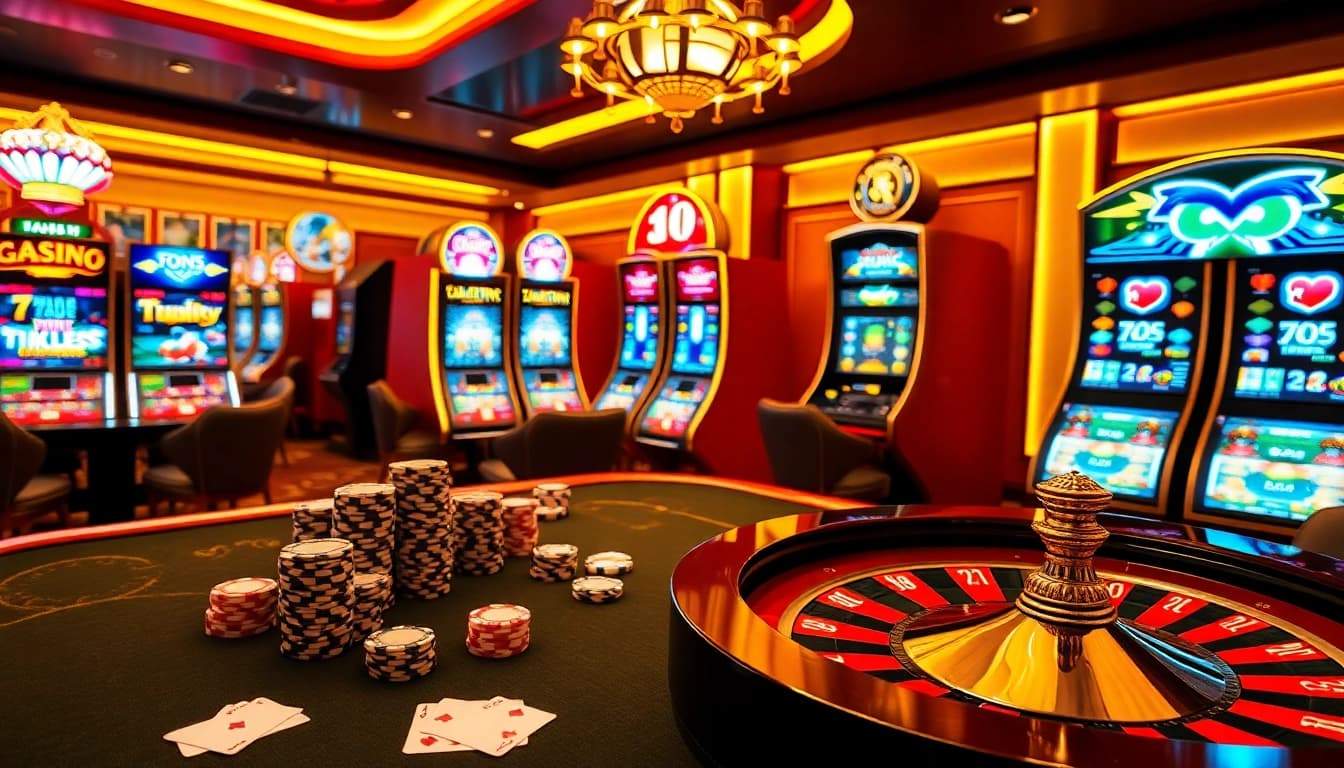 Engage with the thrill of Luckywin's casino atmosphere featuring vibrant slot machines and a stylish gaming table.