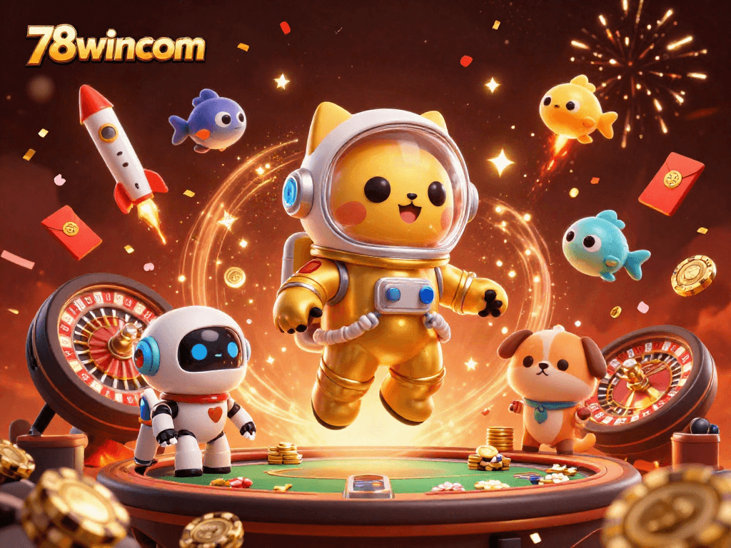 Engage with thrilling games at 78wincom casino featuring an astronaut cat and festive elements.