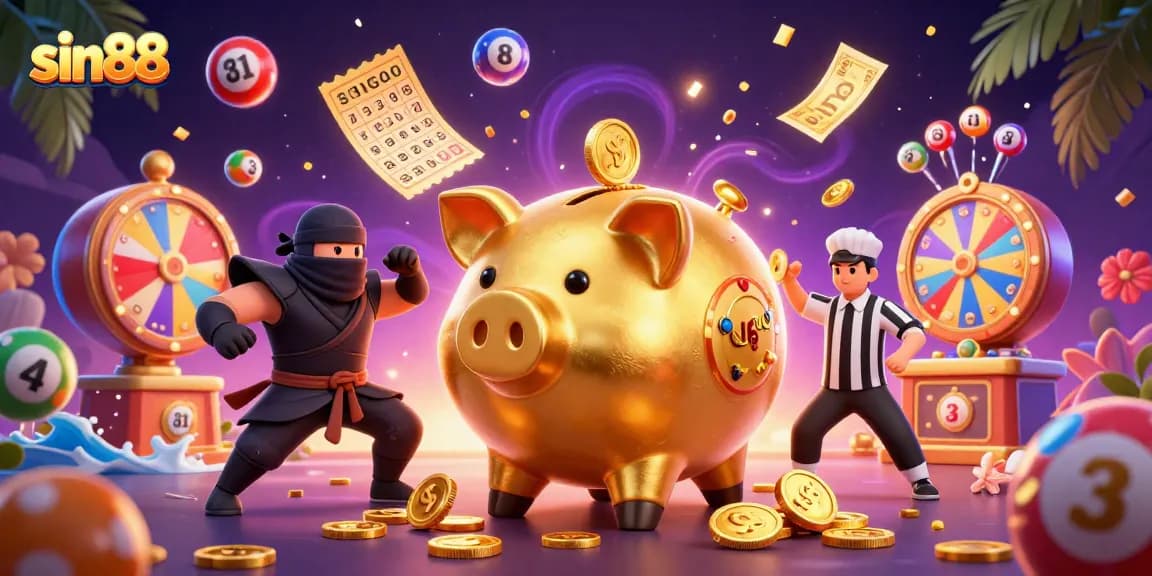 Sin88 engaging players with a dynamic scene featuring a golden piggy bank sumo wrestler amidst casino elements.