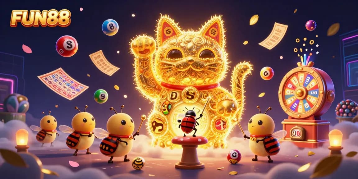 Enjoy the thrill of FUN88 with a dynamic scene featuring a lucky cat among colorful gaming elements.