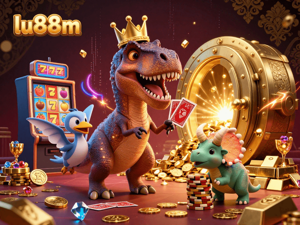 Join the fun at lu88m's casino with vibrant characters exploring exciting games and treasures.
