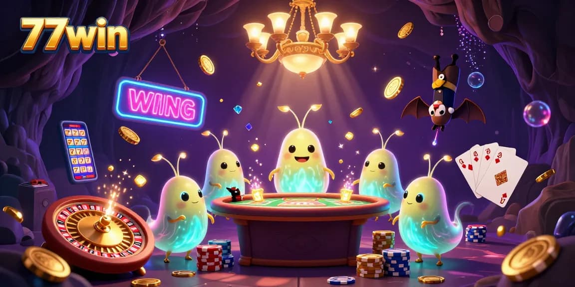 Experience 77win's dazzling casino ambiance with glowworms and bat dealers spinning slots and lights.