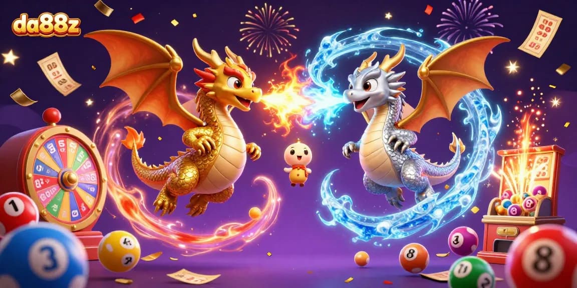 Engage in high-stakes fun with da88z as twin dragons unleash their fiery and icy breath against colorful lottery balls and prize elements.