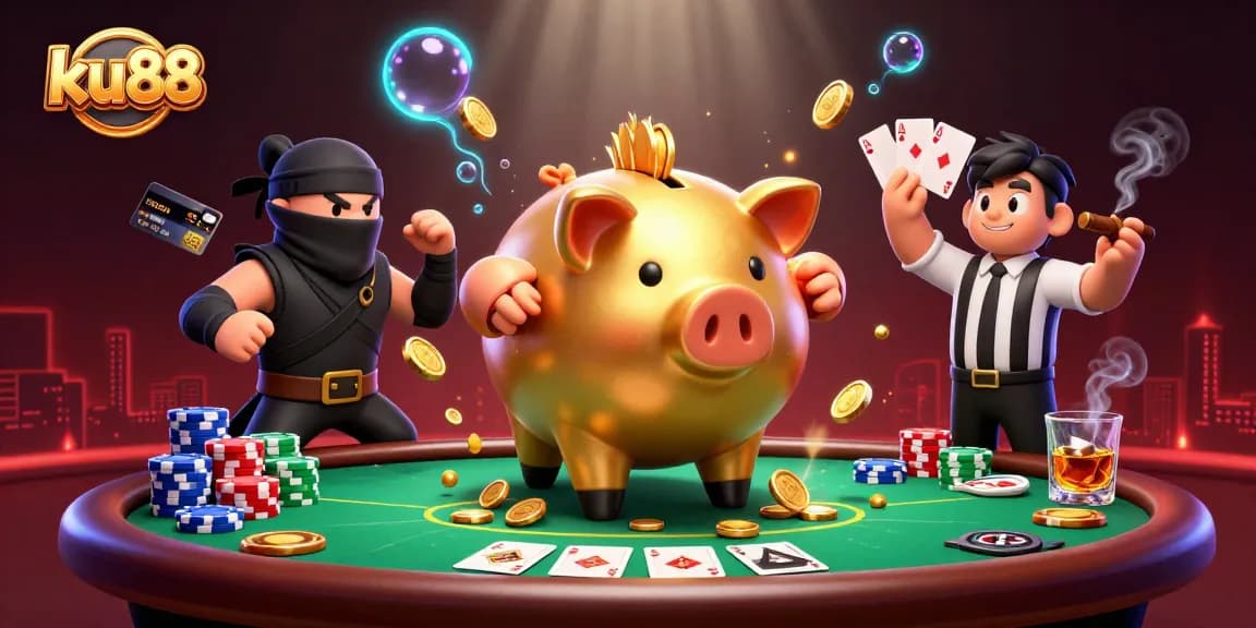 ku88 showcases an epic casino battle between a piggy bank sumo wrestler and his ninja foes.