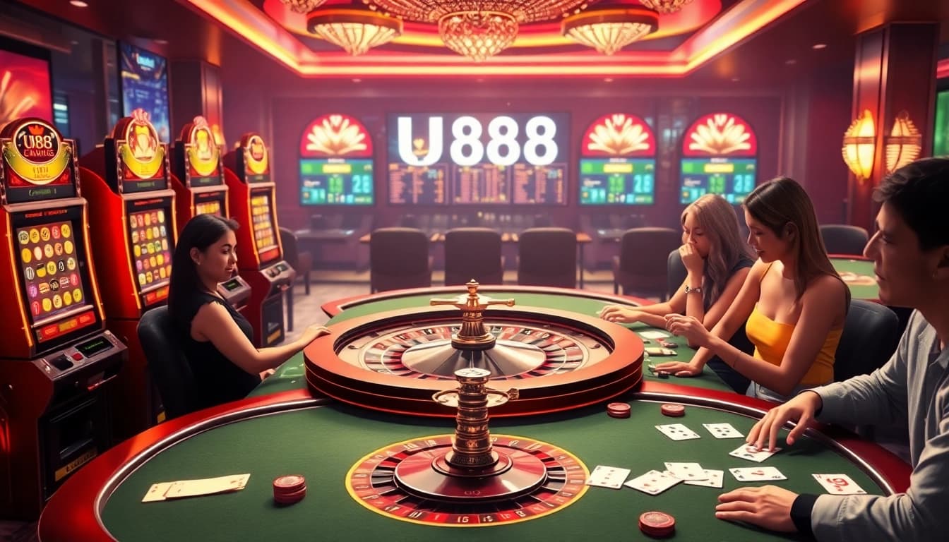 U888 apresenta uma emocionante interface de jogos online com máquinas caça-níqueis vibrantes e mesas de pôquer, destacando o luxo.