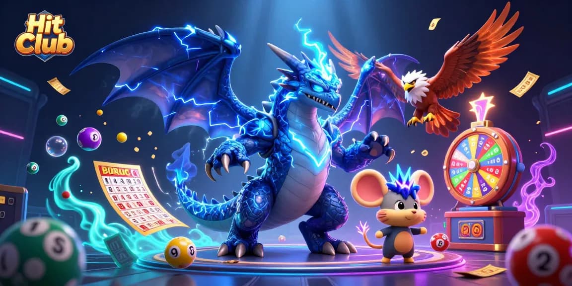 Engage with Hit Club's vibrant casino world, featuring exciting lottery elements and energetic gaming characters.