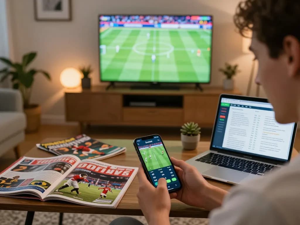 Socolive user passionately engaging in live football betting on smartphone amidst cozy home decor.