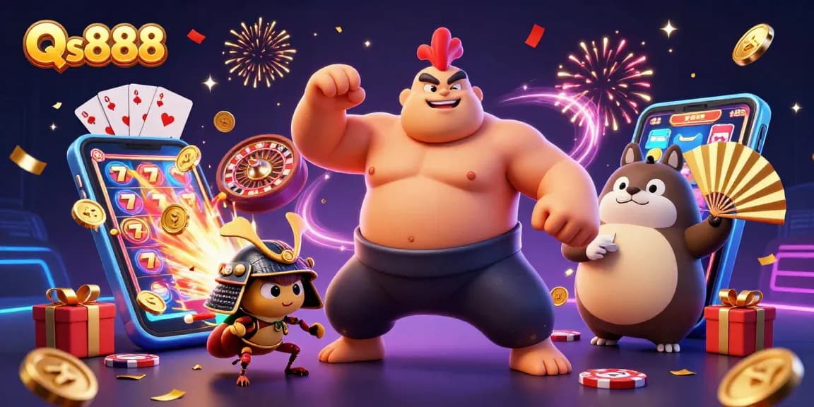 Engage in thrilling gameplay at Qs888 with a dynamic illustration featuring colorful slot games and exciting characters.