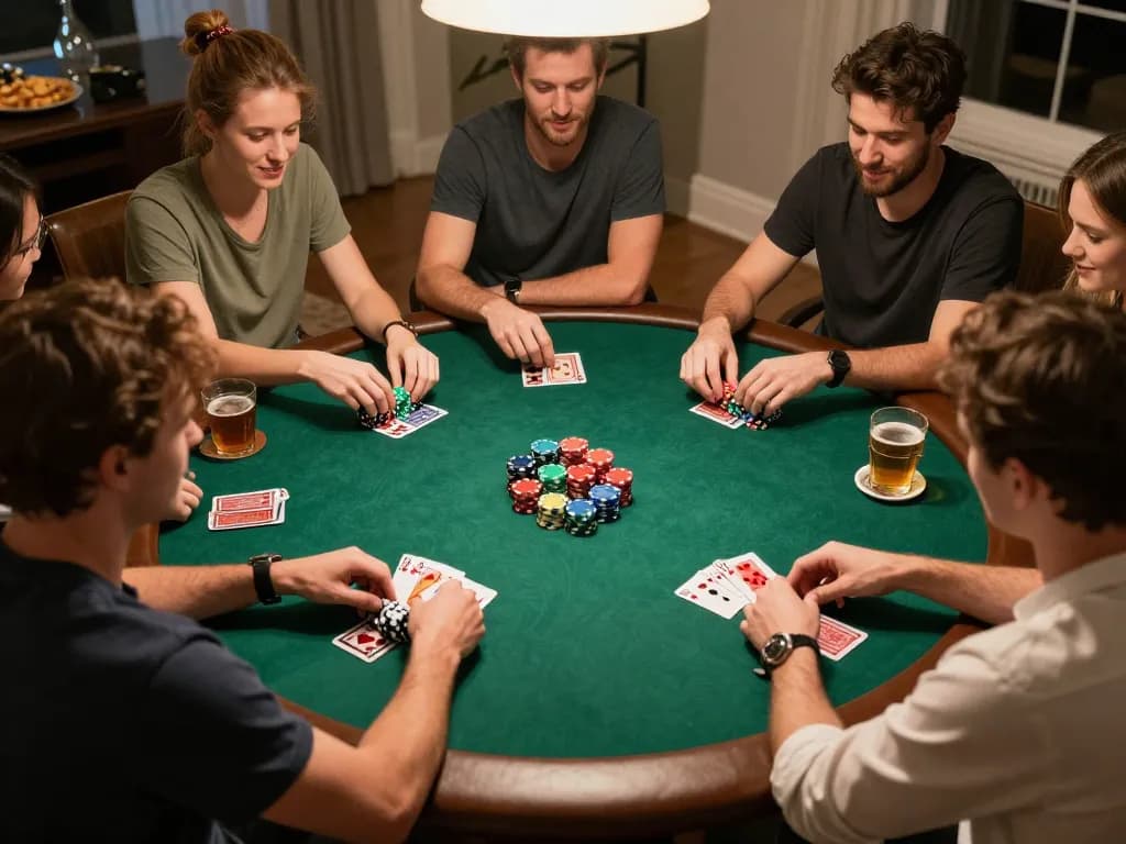KONG88 poker players enjoying a friendly game night with colorful chips and cards.