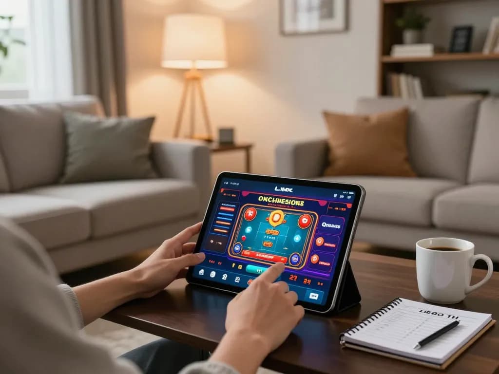 Player engaging in online casino gaming with LINK VB88 app, showcasing cozy home environment and strategic gameplay.