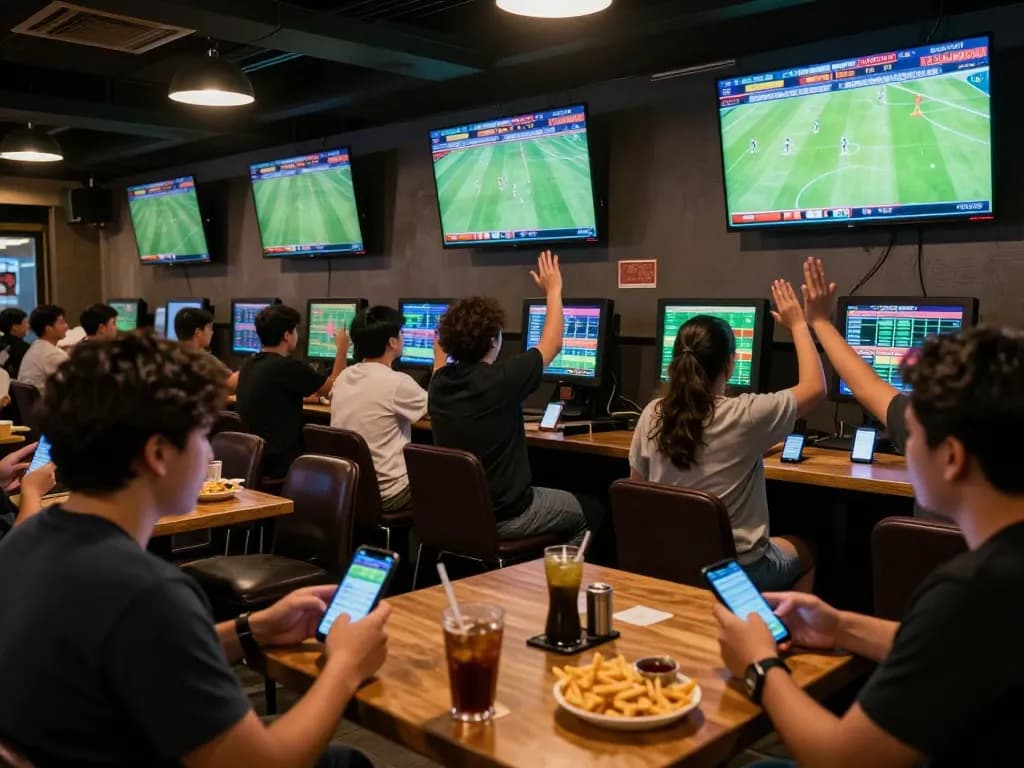 Engaged patrons checking kèo bóng đá during live sports betting, creating an exciting atmosphere