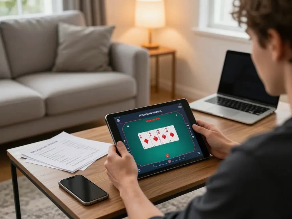 TWIN68 players engaged in online poker gameplay on tablet, cozy home atmosphere, strategic moments.