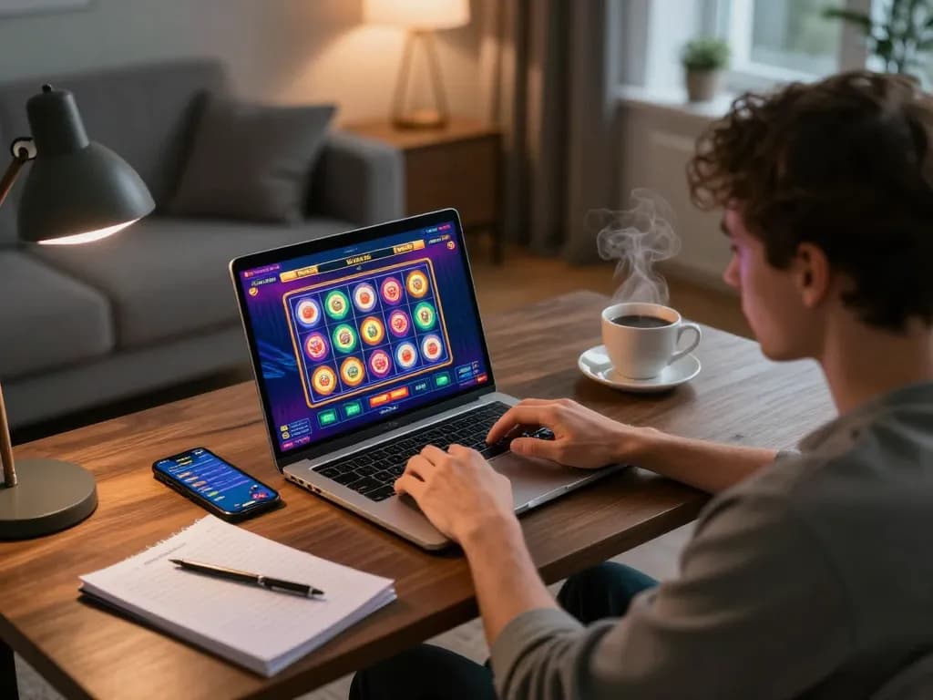 Player engaging with HK online casino games on a laptop, showcasing a vibrant slot interface and strategic planning.