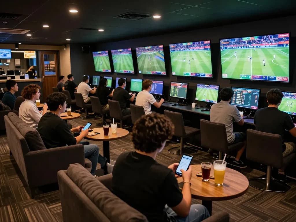 Watch sports and place bets on debet app in lively lounge atmosphere.