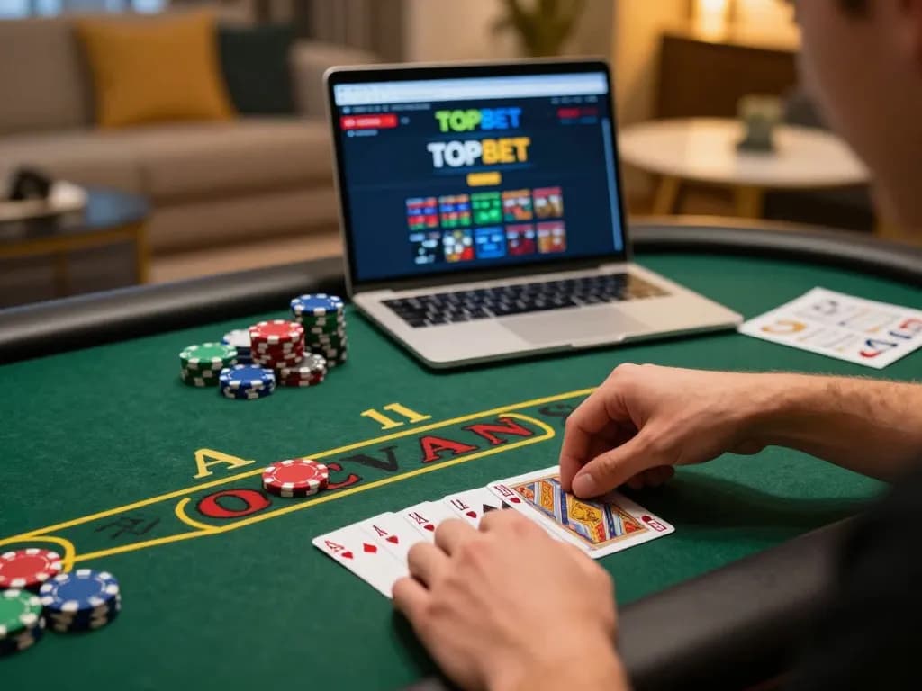 Player engaging in strategic betting at TOPBET blackjack table with winning hand